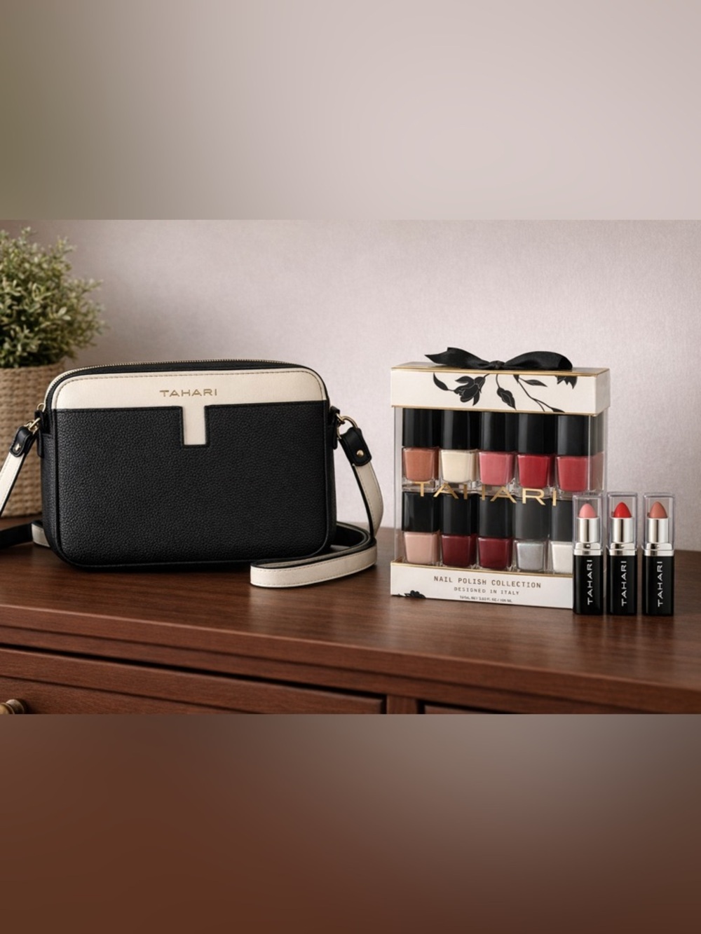 NWT Tahari Crossbody Bag & Beauty Bundle Lipsticks +  14 pc Nail Polish Gift Set